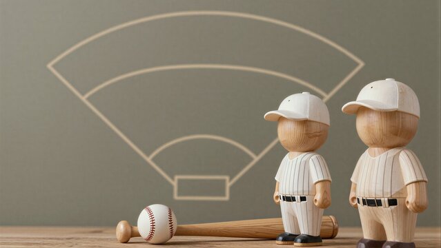 Wooden baseball players stand ready, with bat and ball on rustic table.