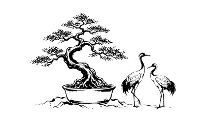 Naklejka premium Traditional Bonsai Tree and Crane Birds Hand Drawn Ink Illustration