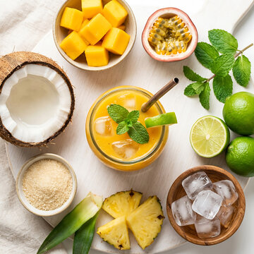 Fresh Tropical Beverage Ingredients Set with Fruit Slices on Clean White Background.  A professional flat lay composition of tropical drink ingredients including citrus, pineapple, and mint leaves arr