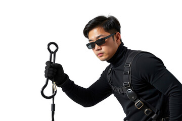 Obraz premium Man in black gear holds climbing rope