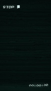 Retro style STOP icon symbol. Tracking Distortion VHS Stop Tape Glitch  with glitch effects  on black background 
