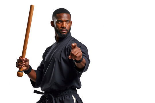 Strong man holds baton and points forward