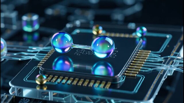 Futuristic microchip with iridescent spheres on transparent circuit board, showcasing advanced semiconductor technology