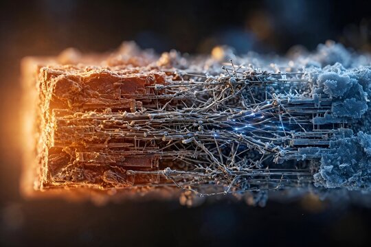 Macro cross section of frozen fiber optic cables with glowing blue light strands