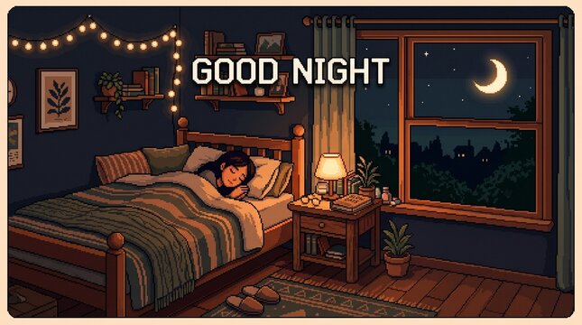 Pixel art bedroom with a sleeping person and crescent moon window view at night.
