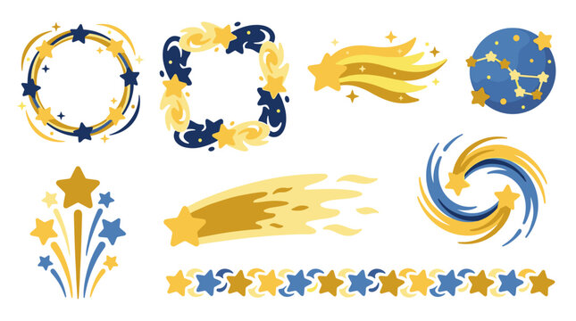 Set of celestial elements featuring stars, comets, nebulae, and constellations in blue and gold, perfect for space themed stationery and digital