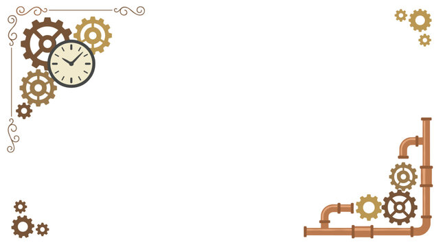 Steampunk corner frame border with mechanical gears and vintage clock face, industrial technology decoration for documents, time and machine theme