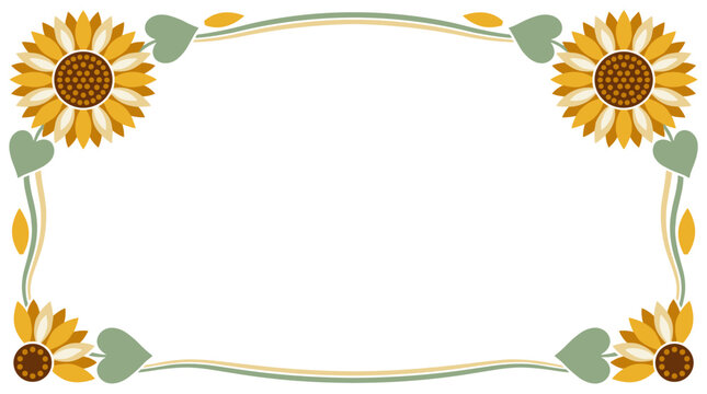 Decorative frame featuring sunflowers and green leaves, flat botanical border design for wedding invitations, greeting cards, and scrapbooking