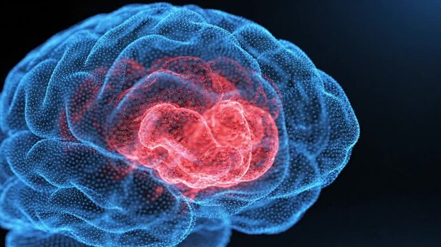 Digital Wireframe Model of Brain Visualizing Glowing Red Central Core. 4K Video