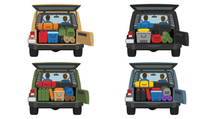 Naklejka premium Rear view off-road vehicles loaded with camping gear, adventure travel preparation, trunks open with luggage and supplies, outdoor expedition