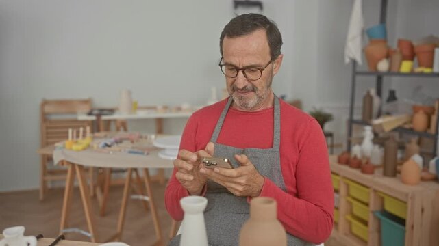Man in apron tapping smartphone while surrounded by ceramic pots and tools in a pottery studio; quiet concentration.