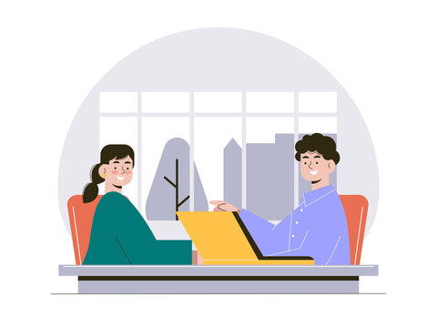 A business meeting or interview between two people at a table with an open laptop. Internship illustrations. Flat vector concepts.