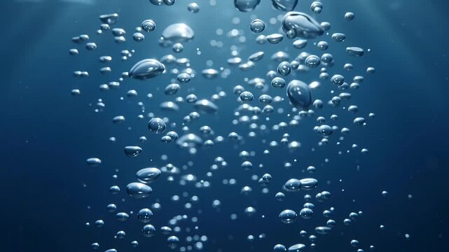 Close-up of clear air bubbles rising through blue water with natural light refraction and distortion