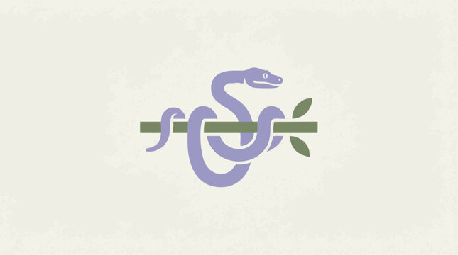 Minimalist purple snake coiled around a green branch illustration