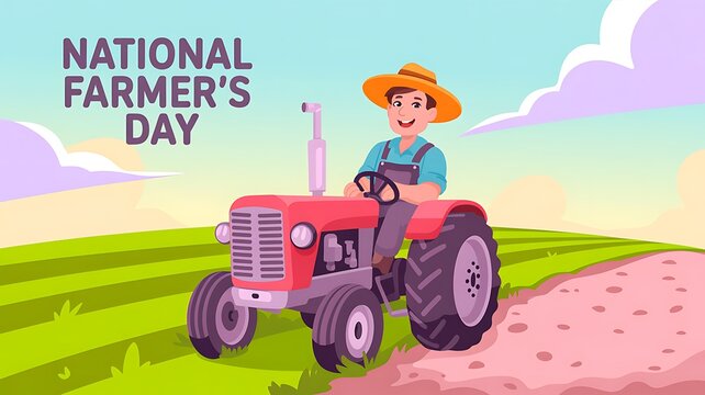 National farmers day vector illustration featuring a smiling farmer driving a red tractor in a field