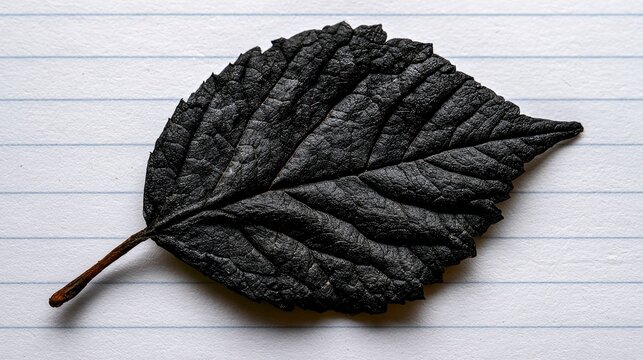 Burnt leaf resting on lined notebook paper in macro sharp focus for environmental awareness and climate change marketing
