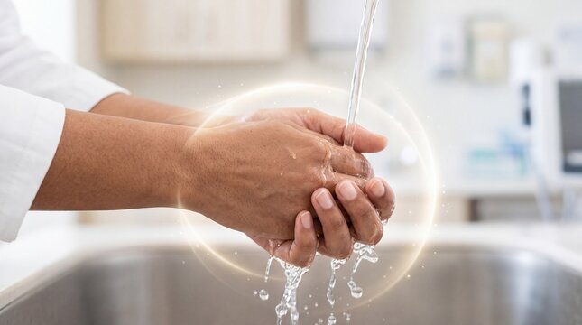 Close up of hands washing under running water in a sink with a glowing hygiene shield effect with effect indicating cleanliness glowing circular light person washing sanitization