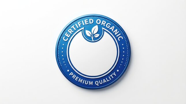Certified organic premium quality badge with leaf symbol with quality branding striking circular badge featuring striking blue gradient sleek modern circular