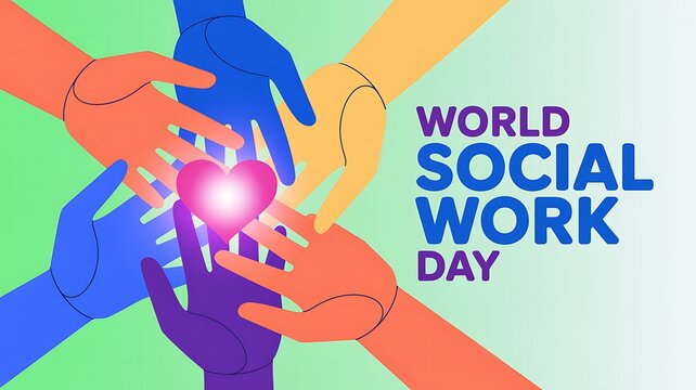 World social work day celebration vector illustration with diverse hands holding a glowing heart