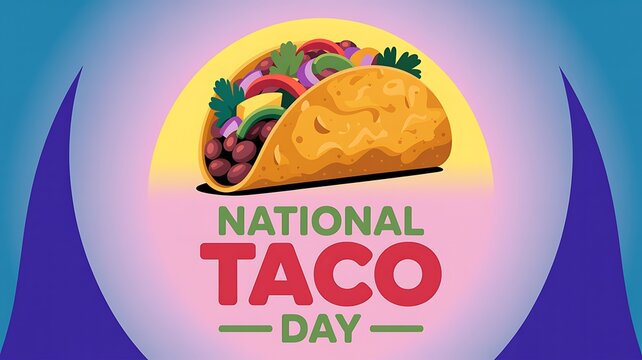 National taco day greeting poster with a traditional crunchy corn taco shell filled with seasoned meat and fresh