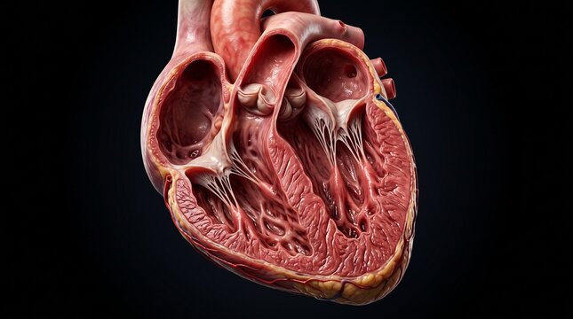 3D Medical Illustration of Human Heart Cross Section Showing Chambers and Valves
