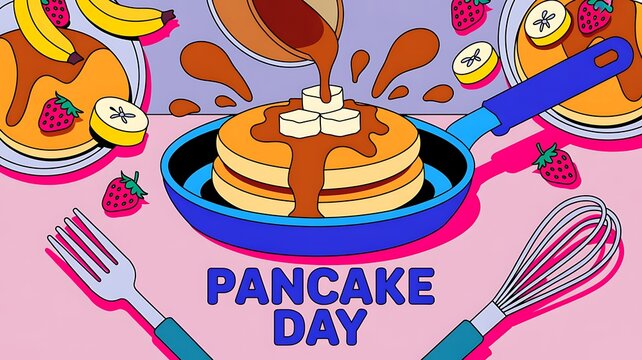 Pancake day illustration featuring stacked pancakes with syrup bananas strawberries pan whisk and utensils