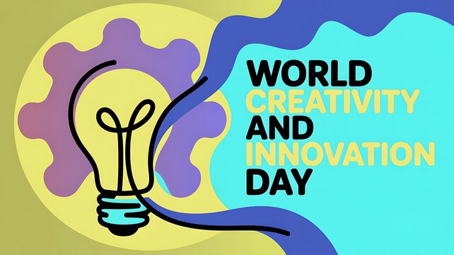 World creativity and innovation day concept with glowing light bulb, gear and abstract graphic elements