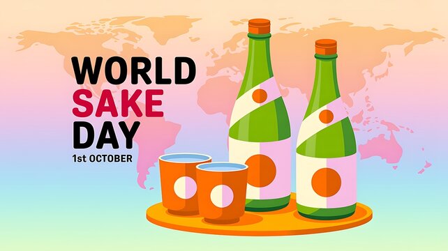 World sake day celebration poster showing traditional green bottles and cups on a serving tray with japanese drink