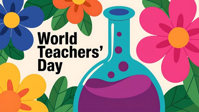 World teachers day greeting card with laboratory flask containing purple liquid and colorful spring flowers