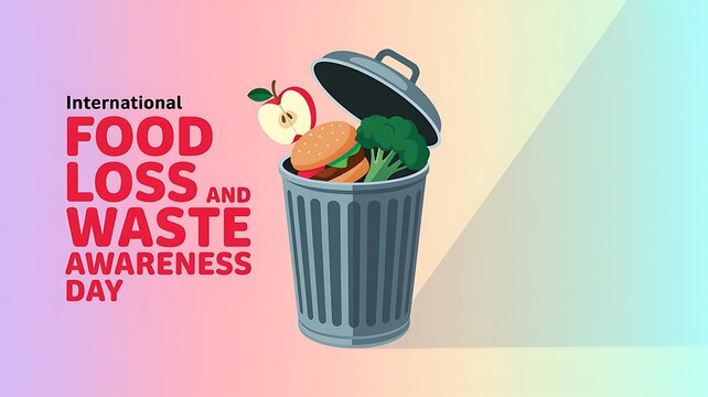 International food loss and waste awareness day conceptual illustration with garbage bin and discarded products