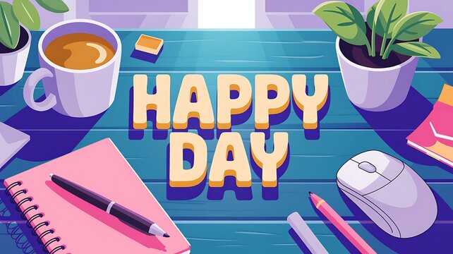 Happy day greeting card design with text typography on wooden desk workspace setup with coffee cup and notebook