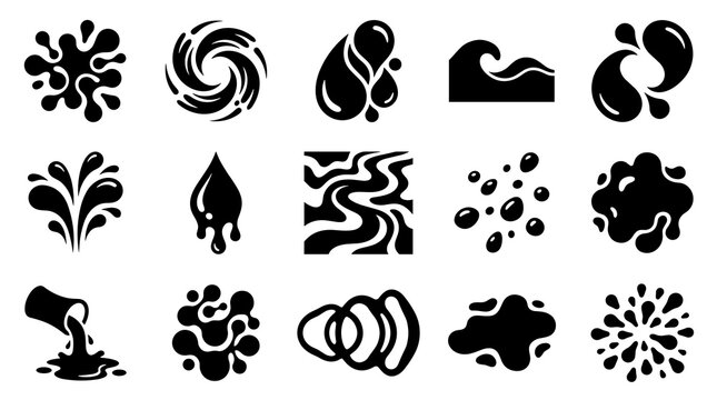A collection of black water and liquid splash vector icons isolated on white background