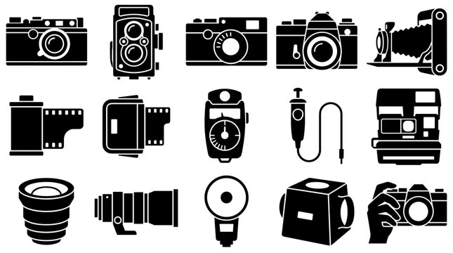 A collection of black photographic equipment icons