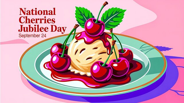 National cherries jubilee day dessert illustration with ice cream scoop topped with red syrup and fresh cherries