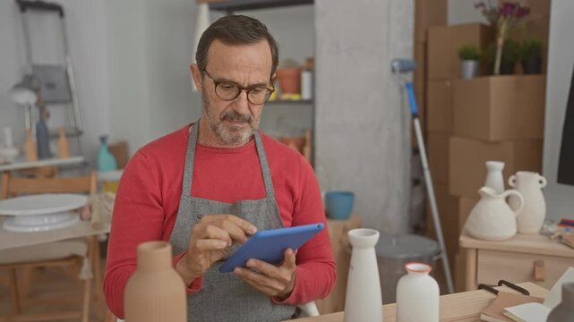 Man potter in apron taps blue tablet with fingertips among ceramic vases in studio; creative concentration.