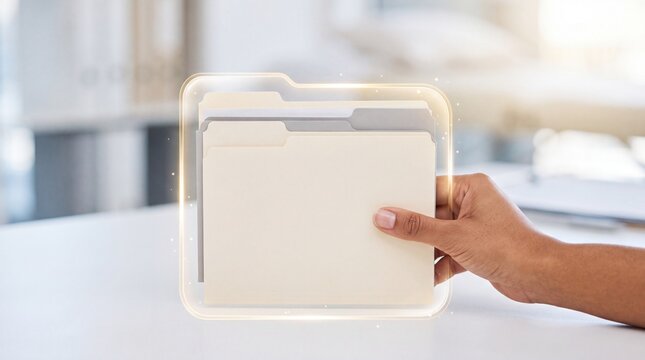 A person holds a digital glowing file folder icon above a desk in an office with classification documentation organization professional information interaction technology