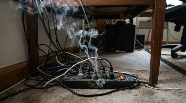 Curls white smoke rising overloaded extension power strip cord overloaded multiple plugs under office table desk electrical indoor fire hazard safety failure accident concept design
