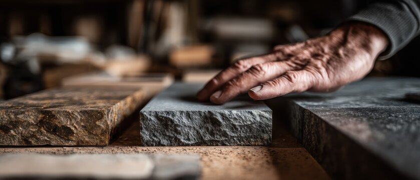Artisan hand touching stone slabs