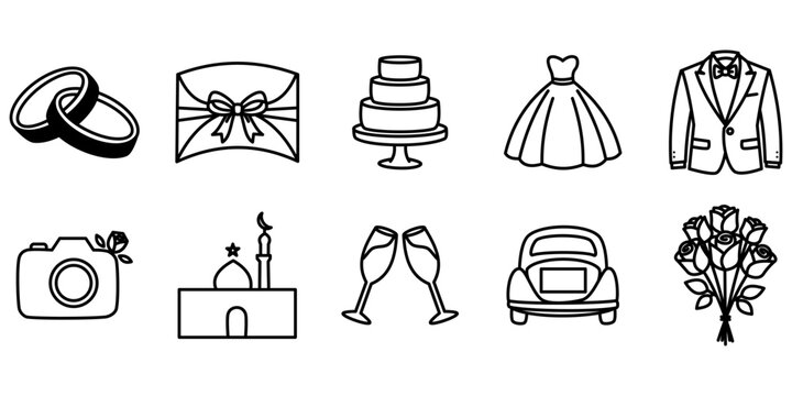 Wedding and wedding planning line icons set for bridal design