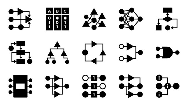 A collection of black icons representing flowchart diagrams and network structures