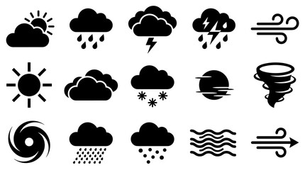 Naklejka premium A collection of black weather forecast symbols displayed in a grid format