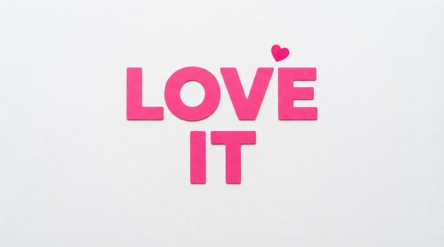 Bright pink bold love it text with heart symbol on clean background with three dimensional pink letters spelling LOVE small decorative heart above E