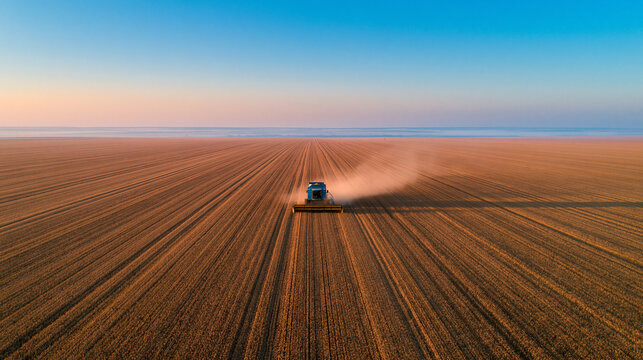 A combine harvester creating dust cloud harvesting crop on vast field under gradient sunset sky.