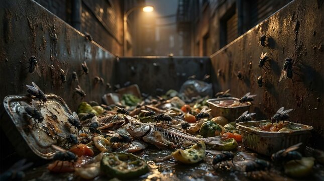 A dirty dumpster filled with rotting food waste and swarming flies in a dark city alley.