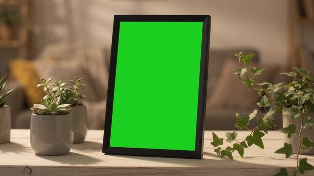 Black vertical frame standing on a wooden table inside a cozy living room decorated with small potted plants and soft ambient lighting creating a warm residential atmosphere for digital displays