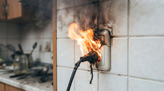 Bright orange fire flames bursting out ceramic electrical wall socket outlet plug wire inserted tiled kitchen wall home short circuit electric fire accident safety hazard concept frame