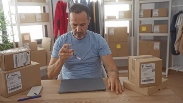 Man covers face with hands over laptop and stacked shipping boxes in a small packing building; stress small business.
