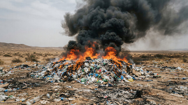Large pile plastic bottles garbage burning open fire flames heavy black toxic smoke middle dry empty field desert landscape global environment pollution ecological disaster concept