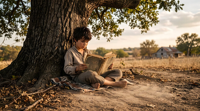 A young boy deeply engrossed in reading an old book while sitting peacefully under a large oak tree in a rural landscape during late afternoon sunlight