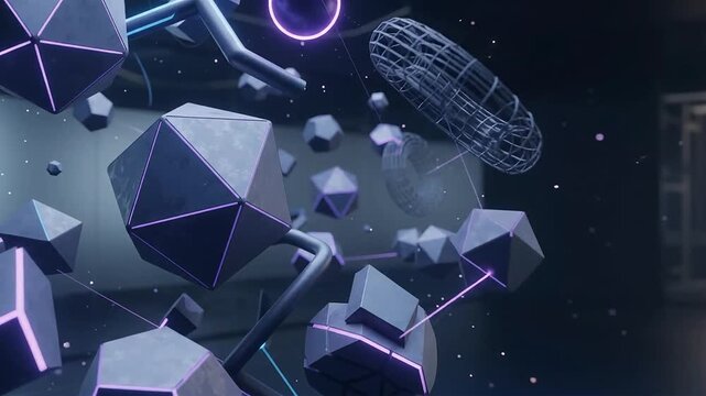 Abstract 3D floating geometric polyhedrons and wireframe torus